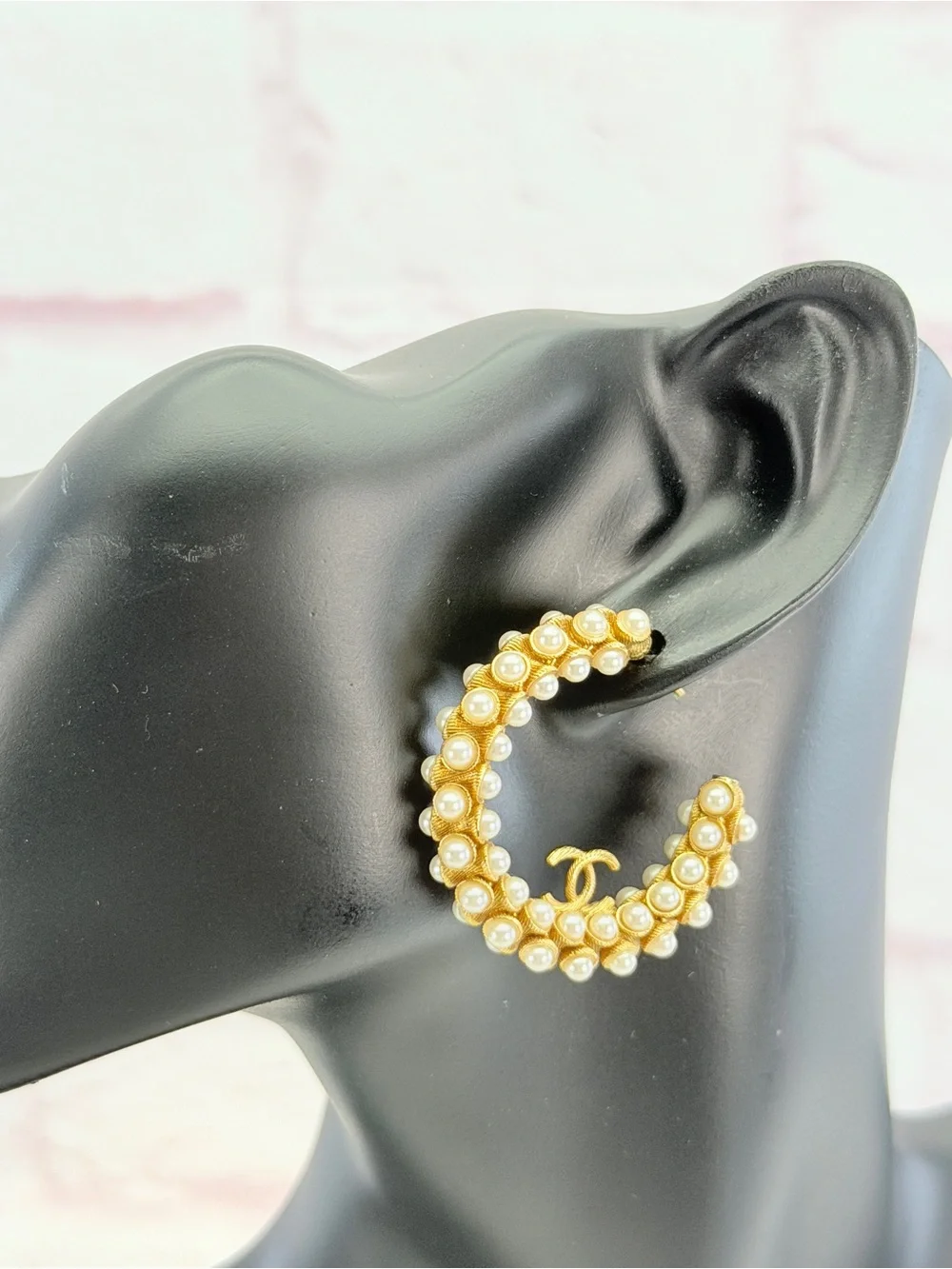 Chanel 2023 Faux Pearl CC Hoop Earrings